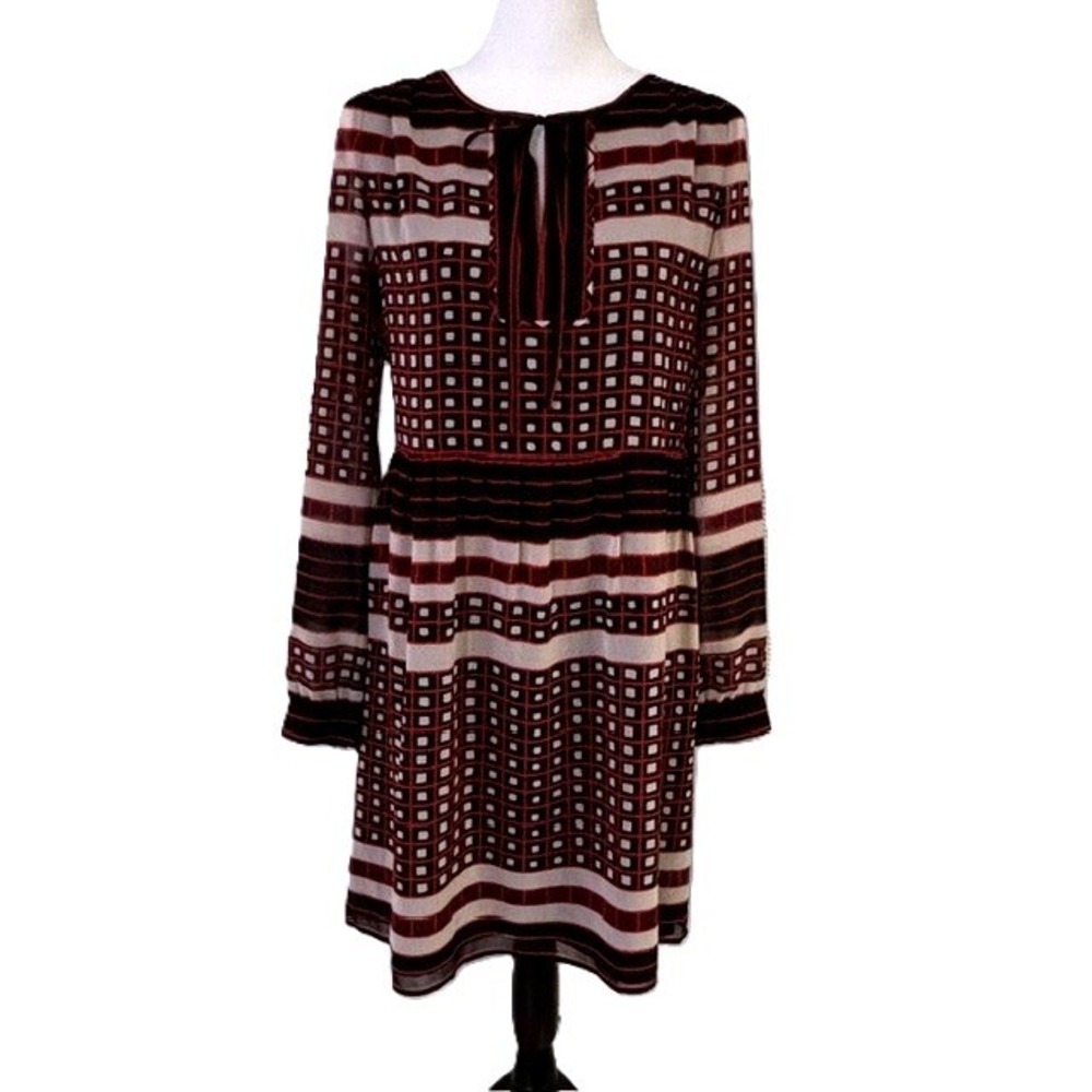 NWT LOFT Shift Dress Women S Red Black Geometric Tie Neck Long Sleeve